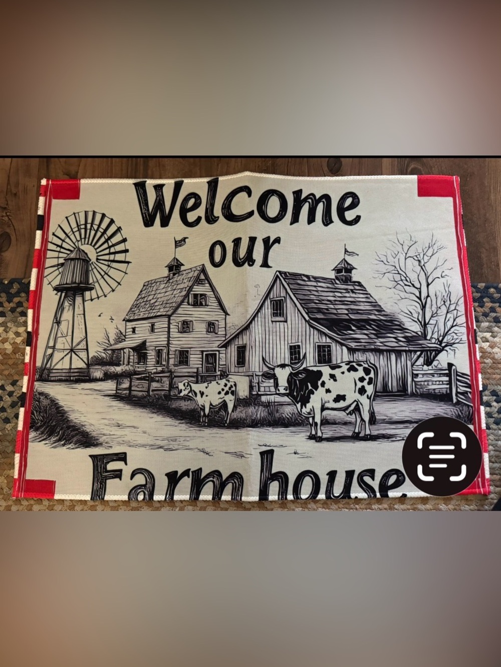 Welcome Our Farmhouse Door Mat - Black and White with Red Trim